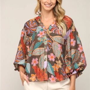 Golden Boutique Floral Button Down Puff Sleeve Blouse Size 3X